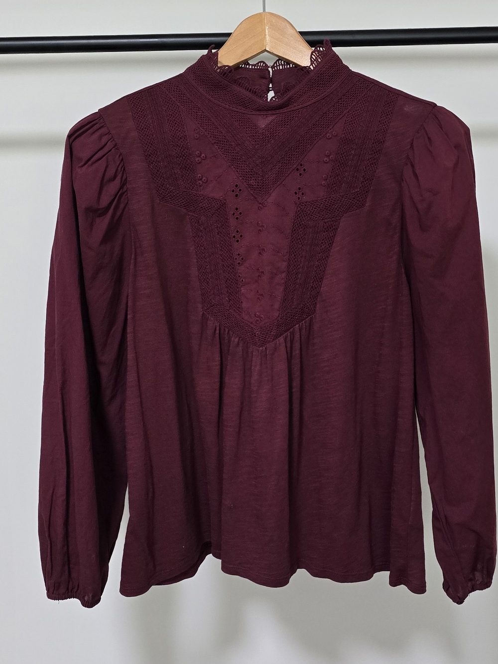 Cupio Burgundy Lace Yoke Long Sleeve Blouse